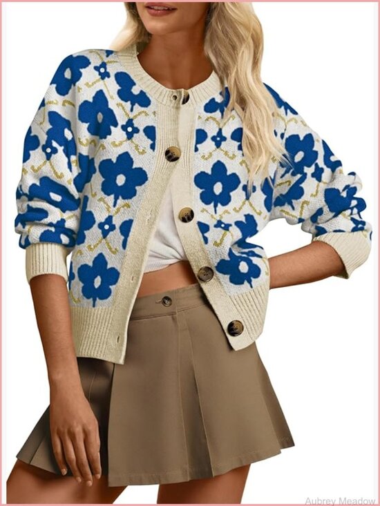 Sweaters - Floral Cardigan Sweater Long Sleeve Open Front Button Down Knit Retro Coat